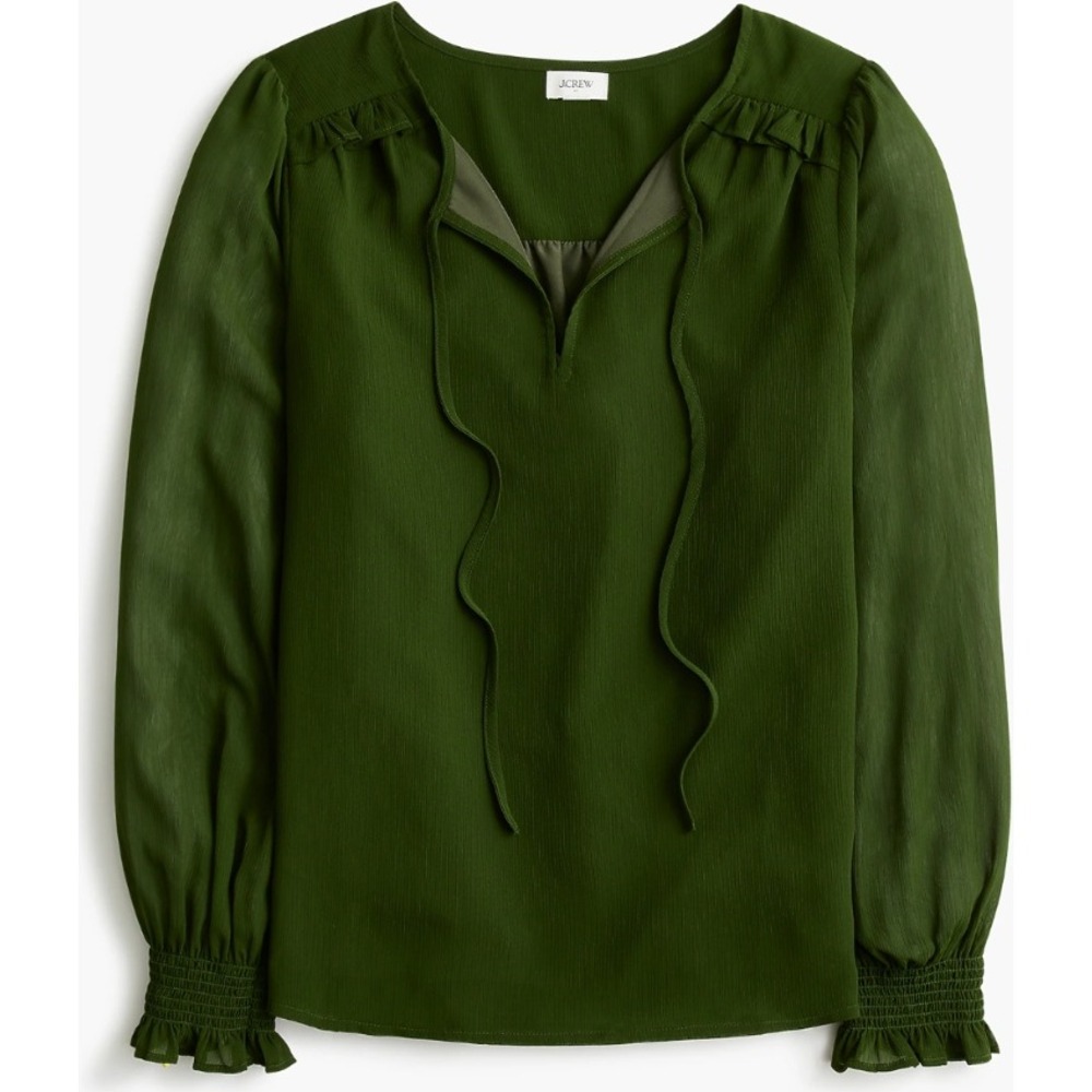 J.Crew Womens Forest Green Crepe Ruffle Tie Neck Blouse CN421 XS NWT $110